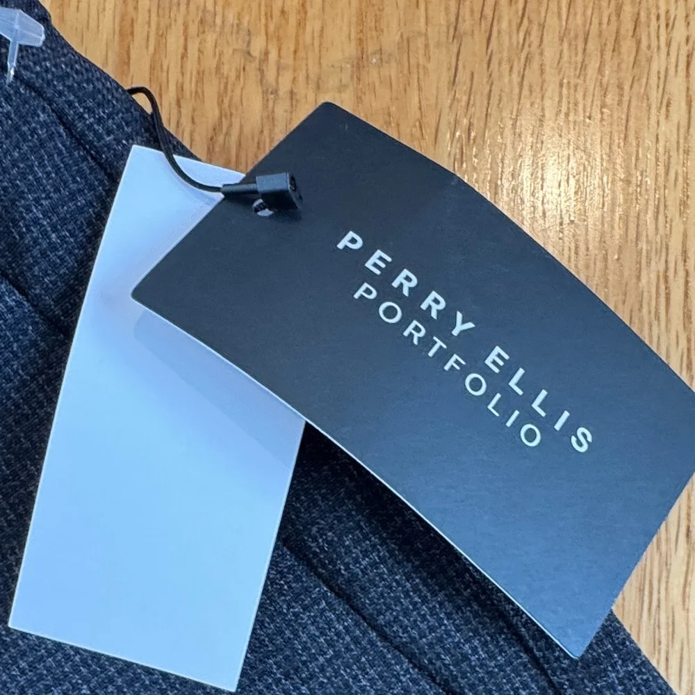 New Perry Ellis Portfolio Slim Fit Flat Front Gray Houndstooth DressySlacks